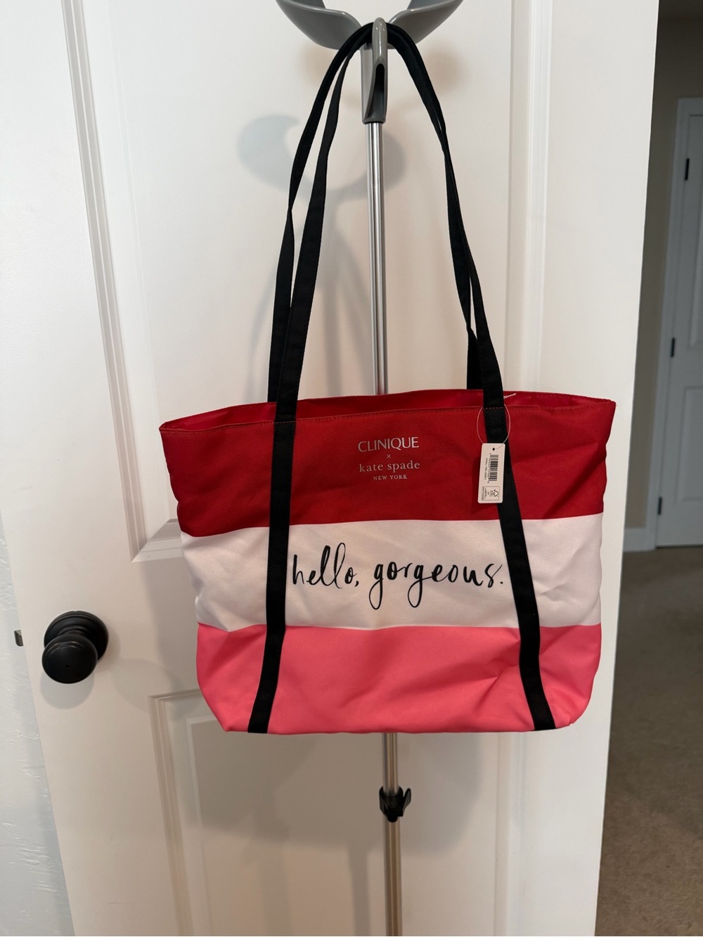 Clinique Tote in Red, White, Pink with Black Straps